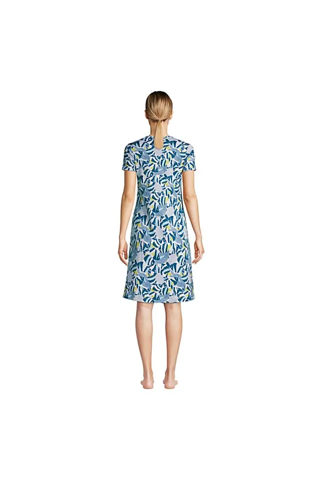Lands039 End Pajamas and Robes Women Supima Cotton Short Sleeve Knee Length Nightgown Dress Baltic Teal Angel Fish