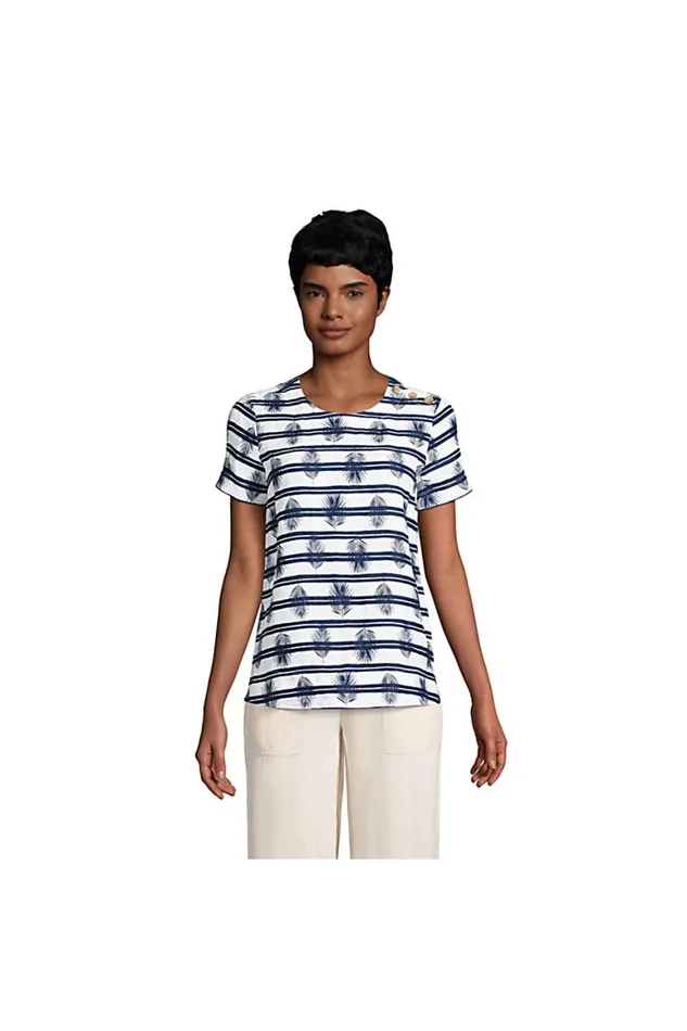 Lands039 End Shirts and Blouses Women Linen Short Sleeve Tshirt White Palm Stripe Lands039 End Shirts and Blouses Women Linen Short Sleeve Tshirt White Palm Stripe