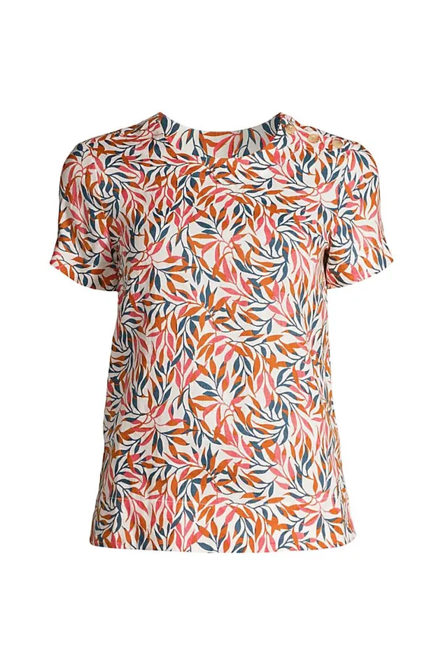 Lands039 End Shirts and Blouses Women Linen Short Sleeve Tshirt White Palm Stripe