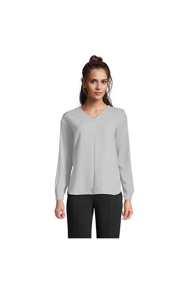 Lands039 End Shirts and Blouses Women Long Sleeve Vneck Button Shoulder Crepe Blouse Harbor Gray Lands039 End Shirts and Blouses Women Long Sleeve Vneck Button Shoulder Crepe Blouse Harbor Gray