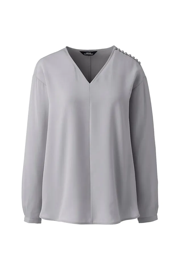 Lands039 End Shirts and Blouses Women Long Sleeve Vneck Button Shoulder Crepe Blouse Harbor Gray Lands039 End Shirts and Blouses Women Long Sleeve Vneck Button Shoulder Crepe Blouse Harbor Gray