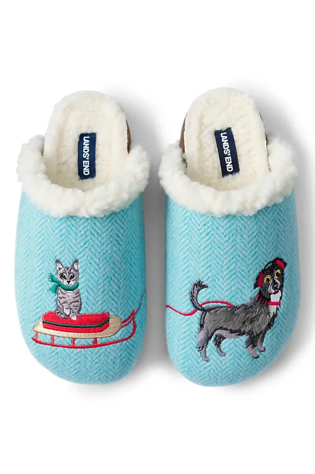 Lands039 End Shoes Women Felt Scuff Slippers Holiday Cat Dog