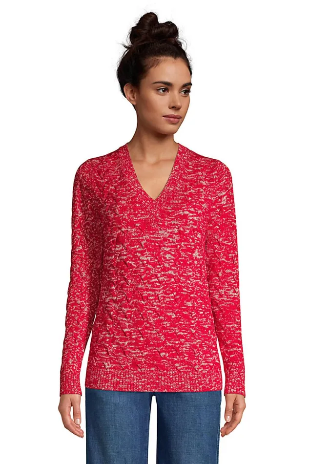 Lands039 End Sweaters Women Cotton Drifter Vneck Sweater Rich Red Marl