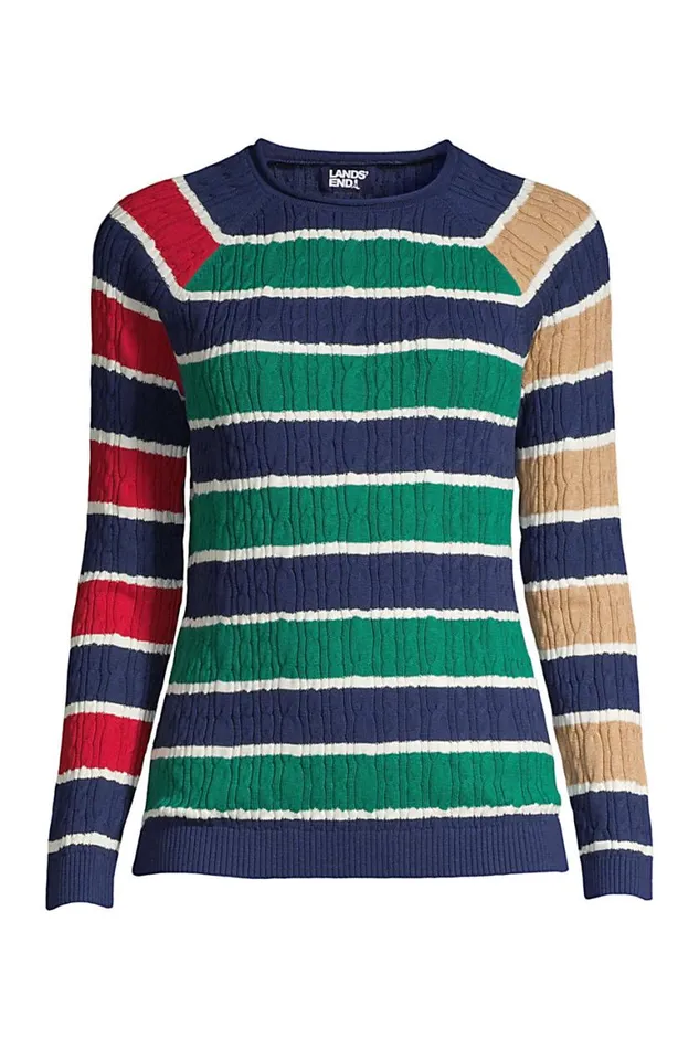 Lands039 End Sweaters Women Fine Gauge Cotton Cable Rollneck Pullover Sweater 8211 Stripe Deep Sea Navy