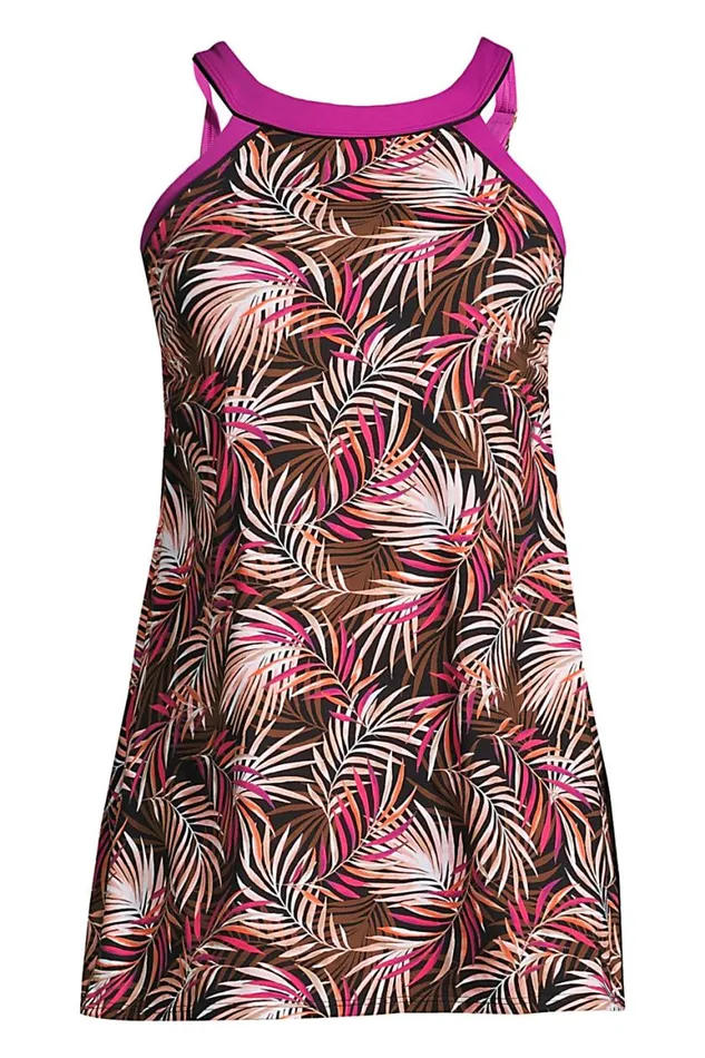 Lands039 End Swimsuits Women Chlorine Resistant High Neck Swim Dress One Piece Swimsuit Adjustable Straps Black Multi Palm Lands039 End Swimsuits Women Chlorine Resistant High Neck Swim Dress One Piece Swimsuit Adjustable Straps Black Multi Palm
