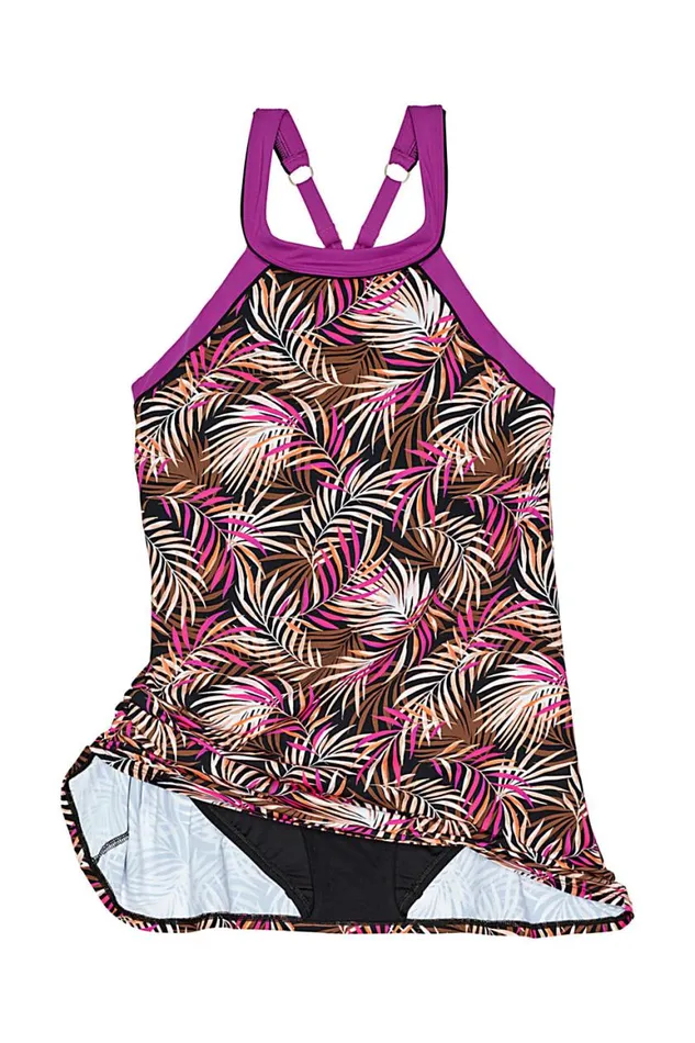 Lands039 End Swimsuits Women Chlorine Resistant High Neck Swim Dress One Piece Swimsuit Adjustable Straps Black Multi Palm Lands039 End Swimsuits Women Chlorine Resistant High Neck Swim Dress One Piece Swimsuit Adjustable Straps Black Multi Palm