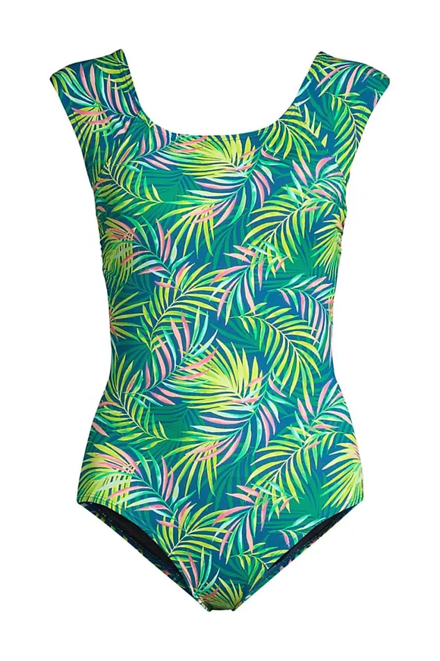 Lands039 End Swimsuits Women Chlorine Resistant Tummy Control Cap Sleeve Xback One Piece Swimsuit Baltic Teal Multi Palm Lands039 End Swimsuits Women Chlorine Resistant Tummy Control Cap Sleeve Xback One Piece Swimsuit Baltic Teal Multi Palm