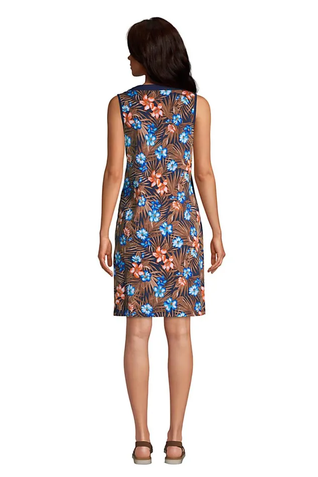 Lands039 End Swimsuits Women Cotton Jersey Sleeveless Swim Coverup Dress Print Deep Sea Navy Tropic Palm