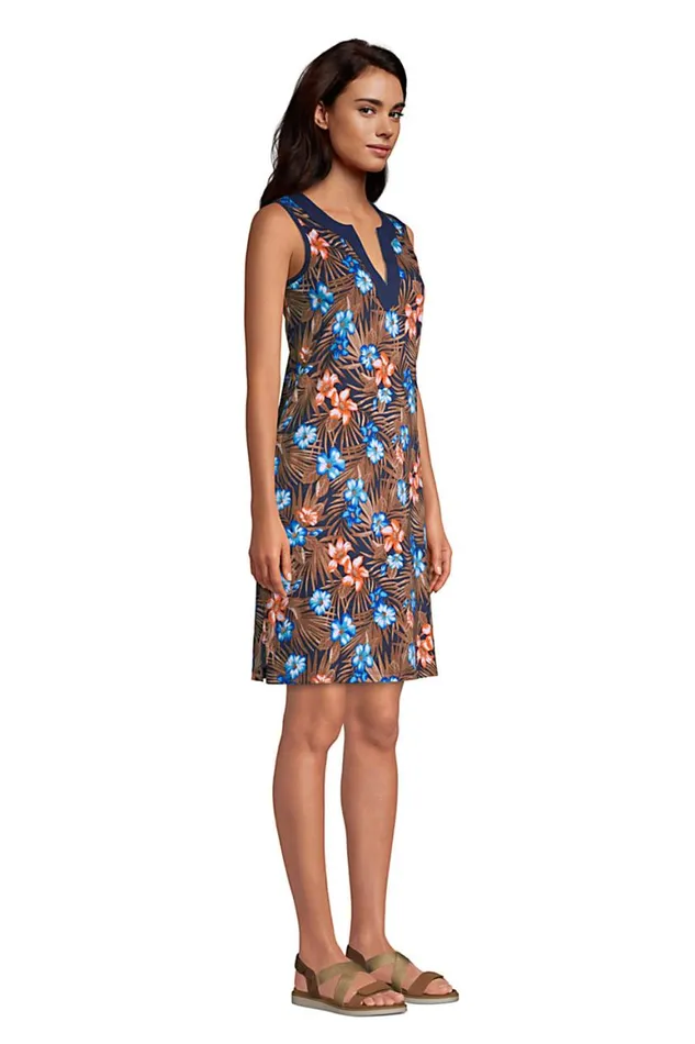 Lands039 End Swimsuits Women Cotton Jersey Sleeveless Swim Coverup Dress Print Deep Sea Navy Tropic Palm
