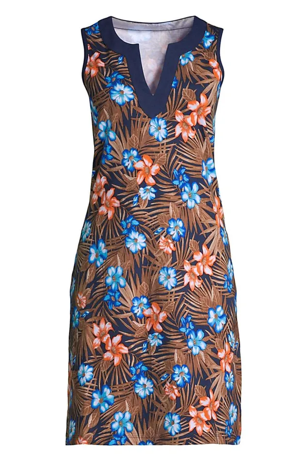 Lands039 End Swimsuits Women Cotton Jersey Sleeveless Swim Coverup Dress Print Deep Sea Navy Tropic Palm