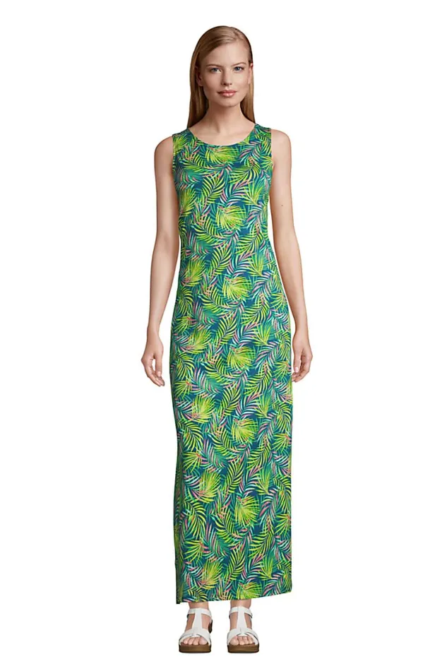 Lands039 End Swimsuits Women Cotton Jersey Sleeveless Swim Coverup Maxi Dress Baltic Teal Multi Palm