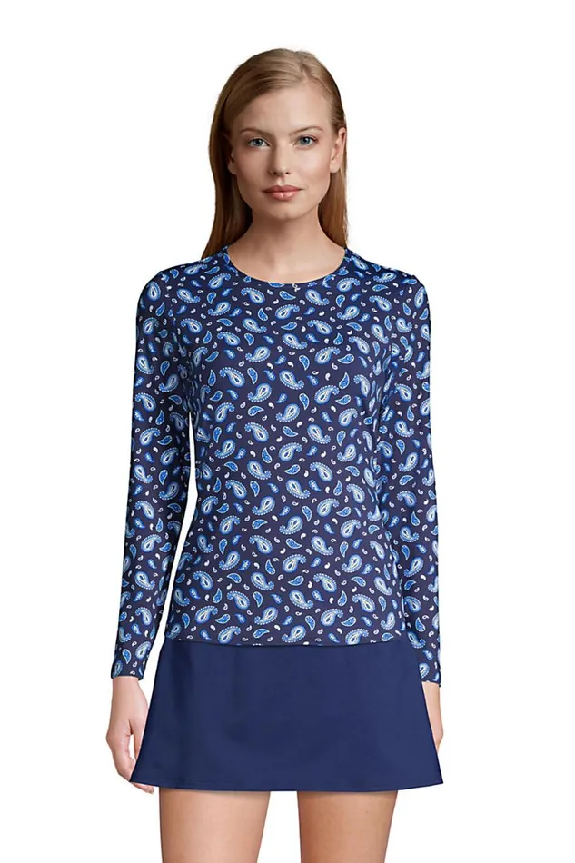Lands039 End Swimsuits Women Crew Neck Long Sleeve Rash Guard Upf 50 Sun Protection Modest Swim Tee Print Deep Sea Navy Paisley Lands039 End Swimsuits Women Crew Neck Long Sleeve Rash Guard Upf 50 Sun Protection Modest Swim Tee Print Deep Sea Navy Paisley
