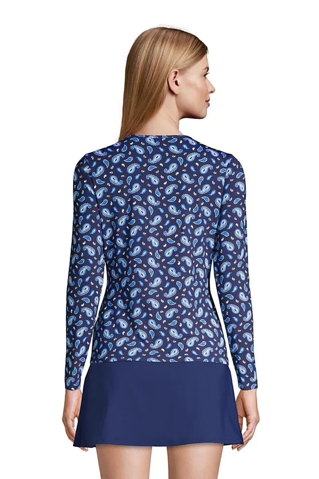 Lands039 End Swimsuits Women Crew Neck Long Sleeve Rash Guard Upf 50 Sun Protection Modest Swim Tee Print Deep Sea Navy Paisley