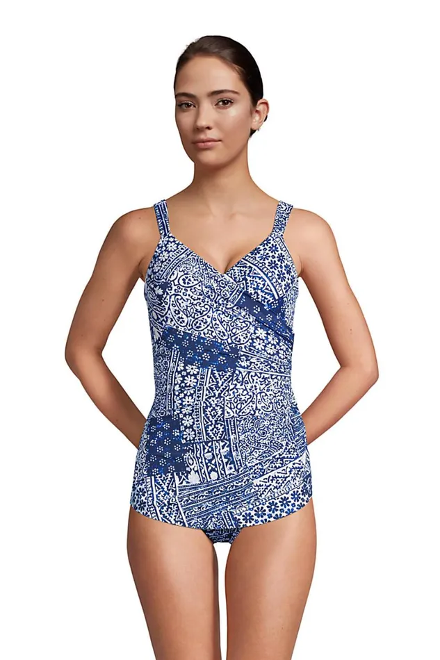 Lands039 End Swimsuits Women Dddcup Slender Vneck Tummy Control Chlorine Resistant Skirted One Piece Swimsuit Print Deep Sea Navy Patchwork Geo