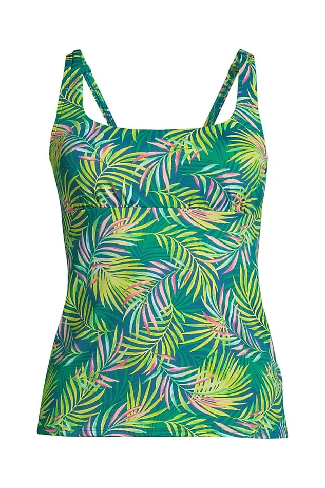 Lands039 End Swimsuits Women Mastectomy Chlorine Resistant Square Neck Tankini Top Swimsuit Adjustable Straps Baltic Teal Multi Palm