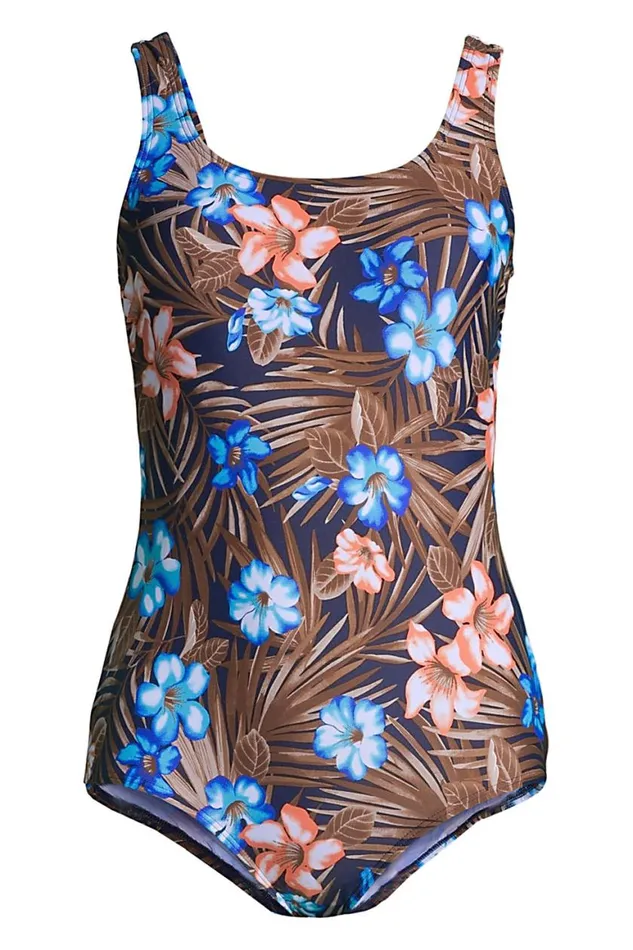 Lands039 End Swimsuits Women Mastectomy Chlorine Resistant Tugless One Piece Swimsuit Soft Cup Deep Sea Navy Tropic Palm