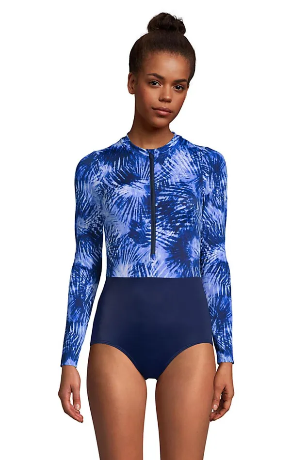 Lands039 End Swimsuits Women Mastectomy Chlorine Resistant Zip Front Long Sleeve Tugless Sporty One Piece Swimsuit Deep Sea Navy Tie Dye Palm Lands039 End Swimsuits Women Mastectomy Chlorine Resistant Zip Front Long Sleeve Tugless Sporty One Piece Swimsuit Deep Sea Navy Tie Dye Palm