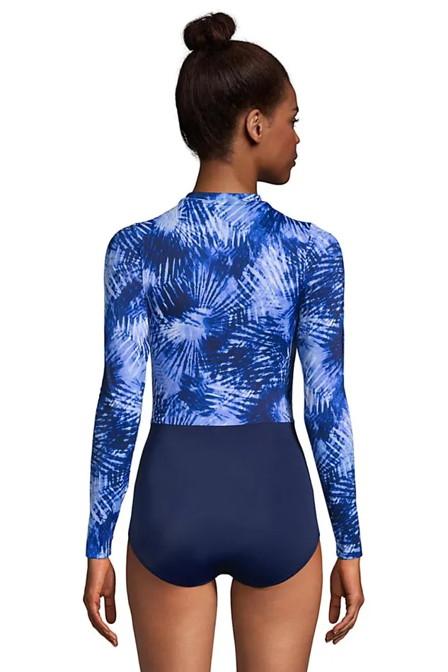 Lands039 End Swimsuits Women Mastectomy Chlorine Resistant Zip Front Long Sleeve Tugless Sporty One Piece Swimsuit Deep Sea Navy Tie Dye Palm