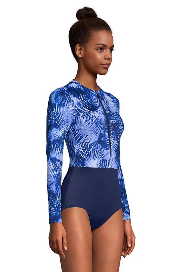 Lands039 End Swimsuits Women Mastectomy Chlorine Resistant Zip Front Long Sleeve Tugless Sporty One Piece Swimsuit Deep Sea Navy Tie Dye Palm
