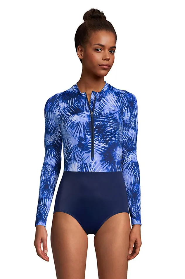 Lands039 End Swimsuits Women Mastectomy Chlorine Resistant Zip Front Long Sleeve Tugless Sporty One Piece Swimsuit Deep Sea Navy Tie Dye Palm