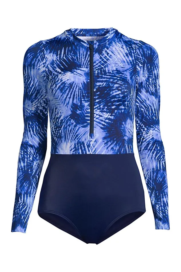 Lands039 End Swimsuits Women Mastectomy Chlorine Resistant Zip Front Long Sleeve Tugless Sporty One Piece Swimsuit Deep Sea Navy Tie Dye Palm