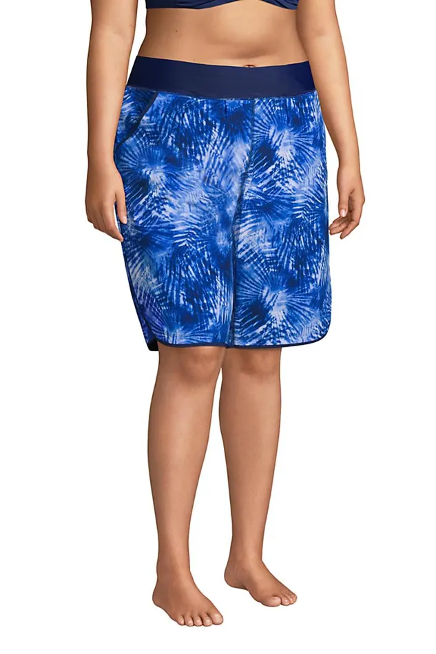 Lands039 End Swimsuits Women Plus Size 11034 Quick Dry Elastic Waist Modest Board Swim Coverup Shorts With Panty Print Deep Sea Navy Tie Dye Palm