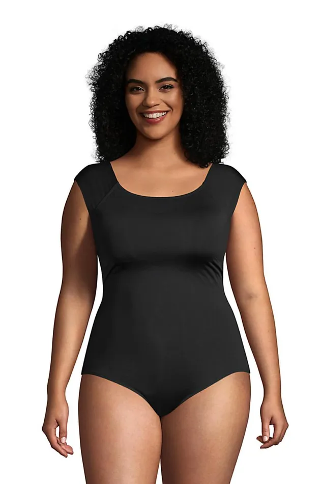 Lands039 End Swimsuits Women Plus Size Chlorine Resistant Tummy Control Cap Sleeve Xback One Piece Swimsuit Black