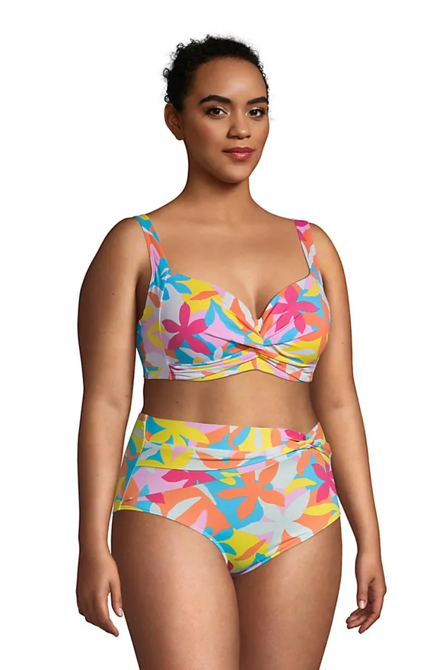 Lands039 End Swimsuits Women Plus Size Chlorine Resistant Twist Front Underwire Bikini Top Swimsuit Adjustable Straps Turquoise Multi Graphic Floral
