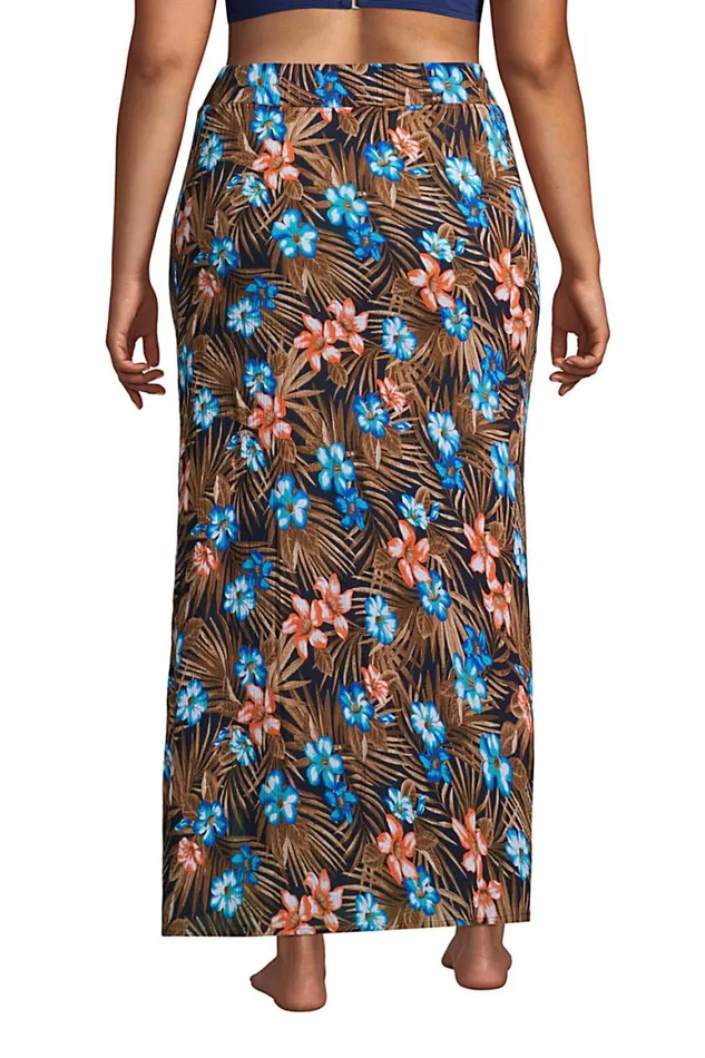 Lands039 End Swimsuits Women Plus Size Cotton Gauze Maxi Swim Coverup Skirt Deep Sea Navy Tropic Palm