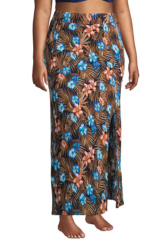 Lands039 End Swimsuits Women Plus Size Cotton Gauze Maxi Swim Coverup Skirt Deep Sea Navy Tropic Palm