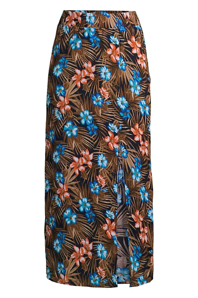 Lands039 End Swimsuits Women Plus Size Cotton Gauze Maxi Swim Coverup Skirt Deep Sea Navy Tropic Palm