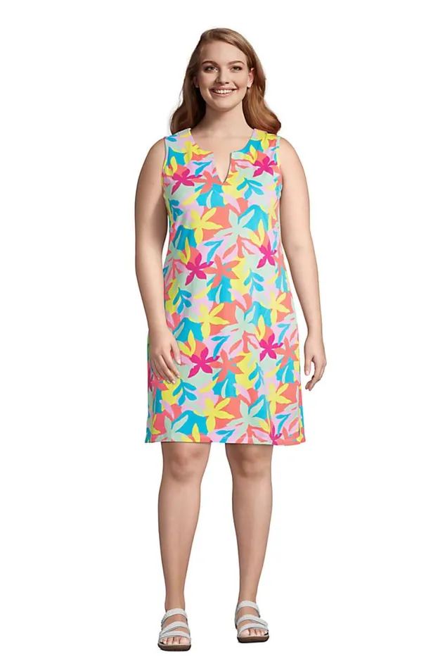 Lands039 End Swimsuits Women Plus Size Cotton Jersey Sleeveless Swim Coverup Dress Print Turquoise Multi Graphic Floral