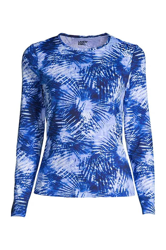 Lands039 End Swimsuits Women Plus Size Crew Neck Long Sleeve Rash Guard Upf 50 Sun Protection Modest Swim Tee Print Deep Sea Navy Tie Dye Palm