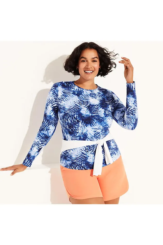 Lands039 End Swimsuits Women Plus Size Crew Neck Long Sleeve Rash Guard Upf 50 Sun Protection Modest Swim Tee Print Deep Sea Navy Tie Dye Palm
