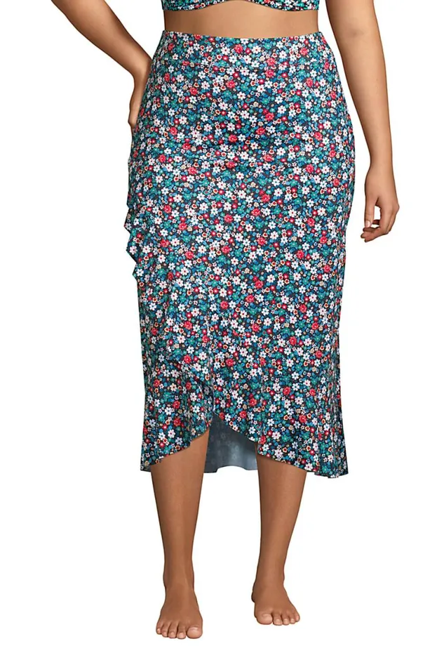 Lands039 End Swimsuits Women Plus Size Ruffle Hem Midi Swim Coverup Skirt Black Ditsy Floral