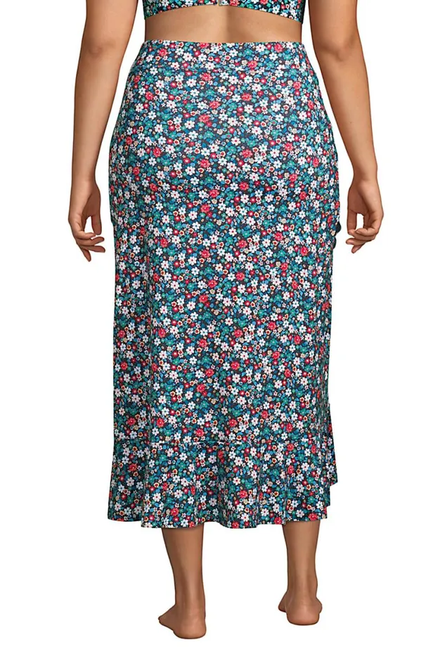 Lands039 End Swimsuits Women Plus Size Ruffle Hem Midi Swim Coverup Skirt Black Ditsy Floral