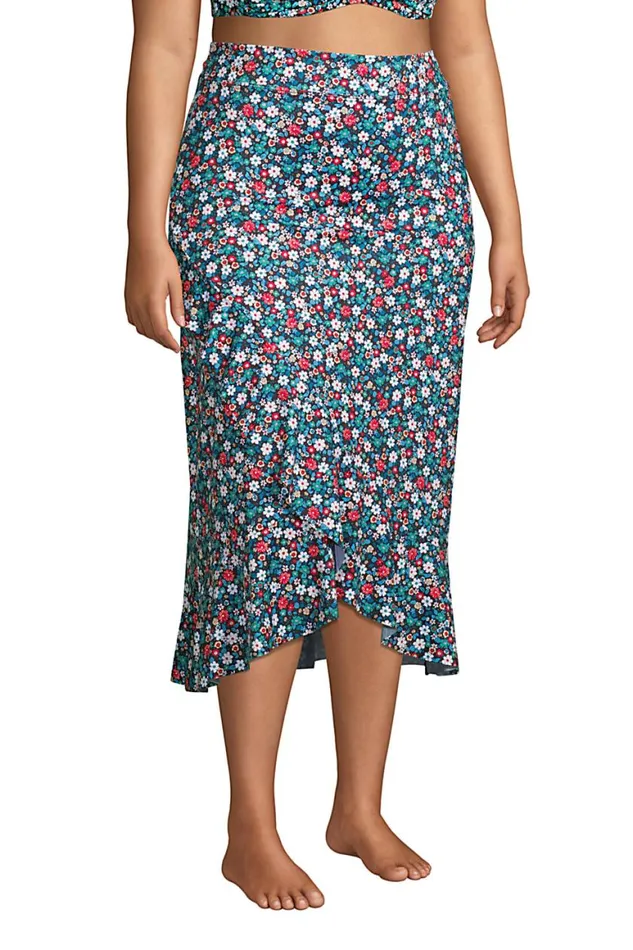Lands039 End Swimsuits Women Plus Size Ruffle Hem Midi Swim Coverup Skirt Black Ditsy Floral
