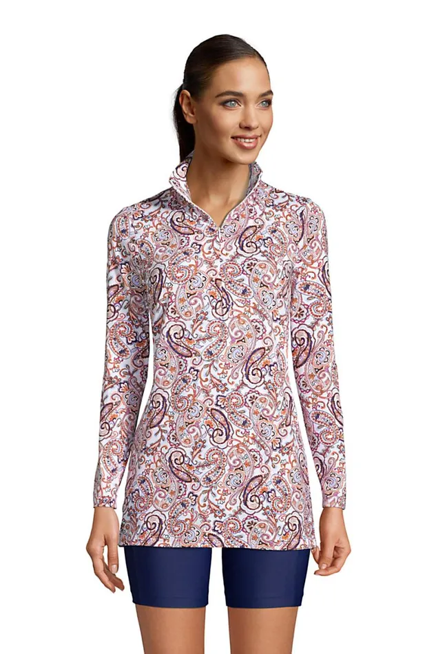 Lands039 End Swimsuits Women Quarter Zip Long Sleeve Tunic Rash Guard Coverup Upf 50 Sun Protection Print White Retro Paisley Lands039 End Swimsuits Women Quarter Zip Long Sleeve Tunic Rash Guard Coverup Upf 50 Sun Protection Print White Retro Paisley