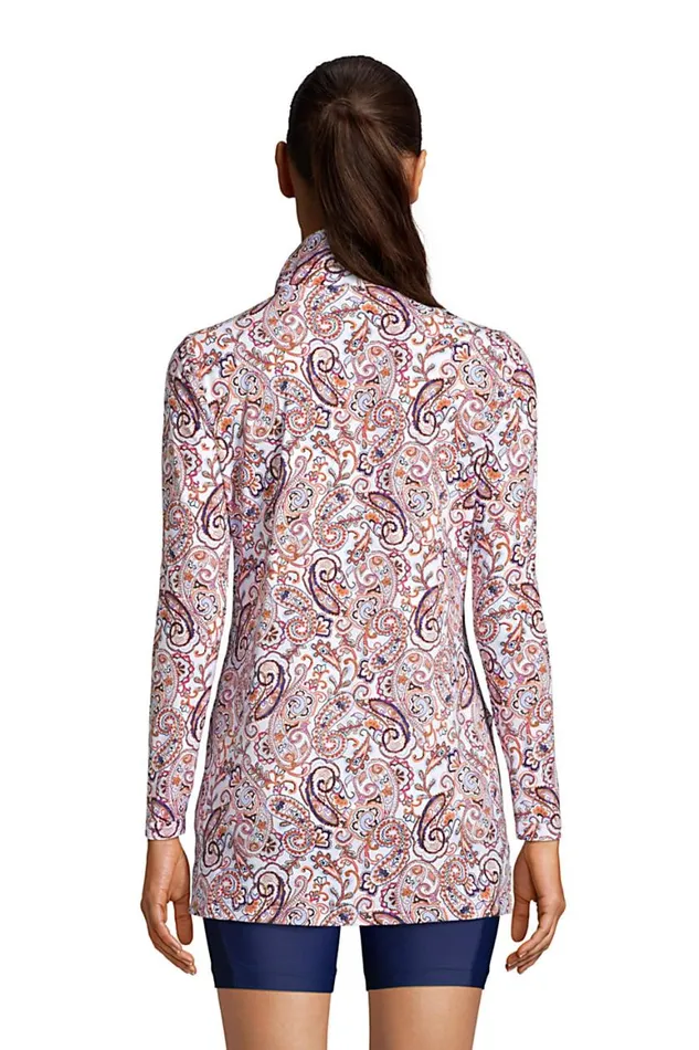 Lands039 End Swimsuits Women Quarter Zip Long Sleeve Tunic Rash Guard Coverup Upf 50 Sun Protection Print White Retro Paisley Lands039 End Swimsuits Women Quarter Zip Long Sleeve Tunic Rash Guard Coverup Upf 50 Sun Protection Print White Retro Paisley