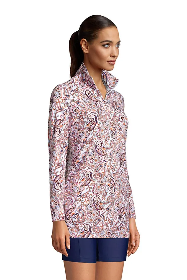 Lands039 End Swimsuits Women Quarter Zip Long Sleeve Tunic Rash Guard Coverup Upf 50 Sun Protection Print White Retro Paisley Lands039 End Swimsuits Women Quarter Zip Long Sleeve Tunic Rash Guard Coverup Upf 50 Sun Protection Print White Retro Paisley