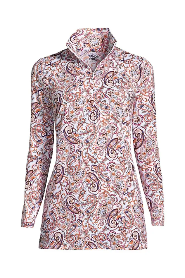 Lands039 End Swimsuits Women Quarter Zip Long Sleeve Tunic Rash Guard Coverup Upf 50 Sun Protection Print White Retro Paisley Lands039 End Swimsuits Women Quarter Zip Long Sleeve Tunic Rash Guard Coverup Upf 50 Sun Protection Print White Retro Paisley