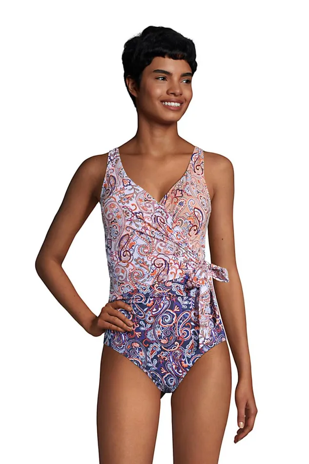 Lands039 End Swimsuits Women Slender Tummy Control Vneck Wrap One Piece Swimsuit Deep Sea Navy Paisley Mix