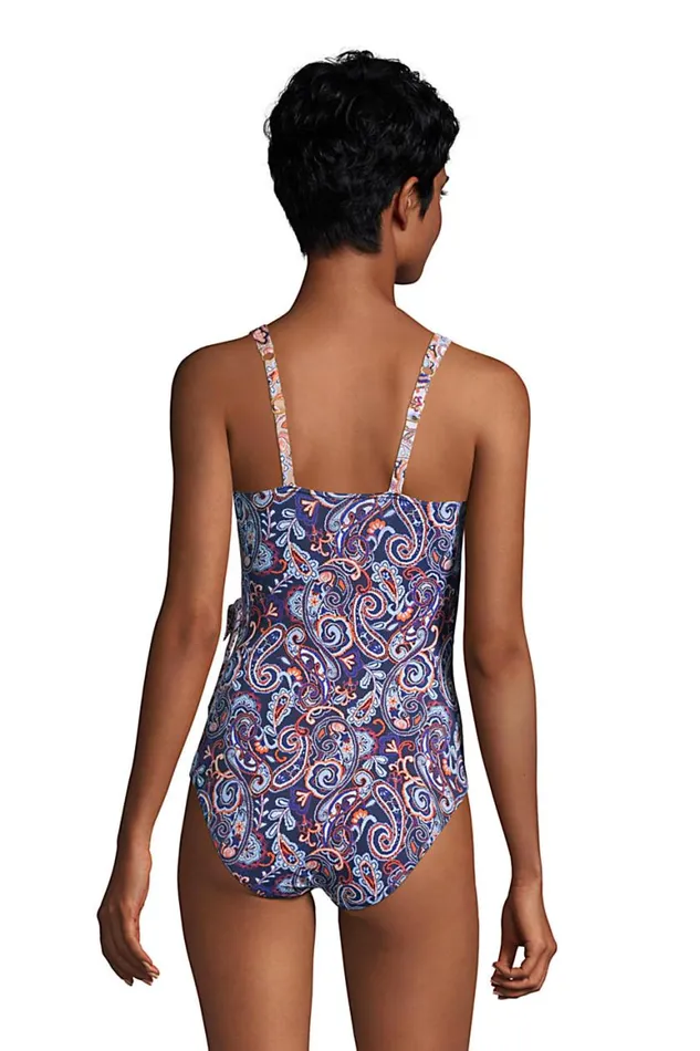 Lands039 End Swimsuits Women Slender Tummy Control Vneck Wrap One Piece Swimsuit Deep Sea Navy Paisley Mix