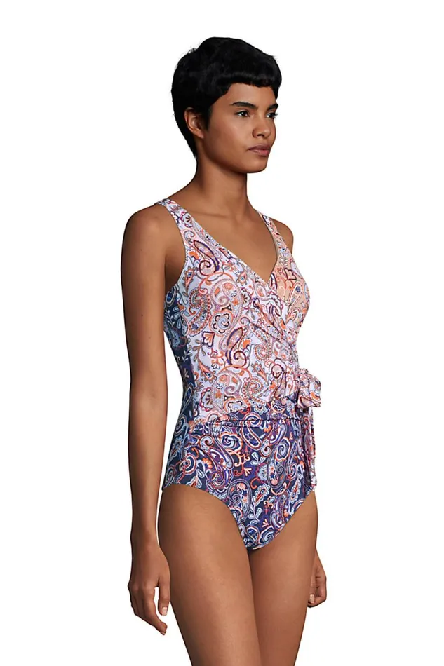 Lands039 End Swimsuits Women Slender Tummy Control Vneck Wrap One Piece Swimsuit Deep Sea Navy Paisley Mix