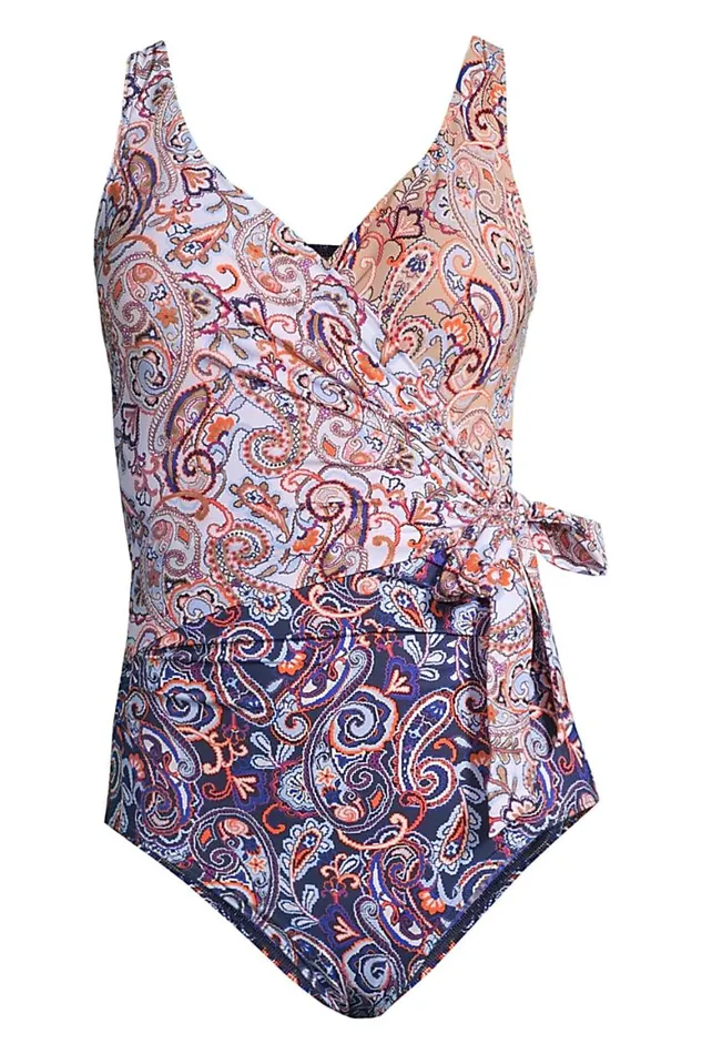 Lands039 End Swimsuits Women Slender Tummy Control Vneck Wrap One Piece Swimsuit Deep Sea Navy Paisley Mix