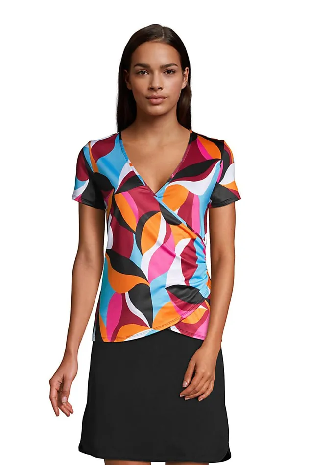 Lands039 End Swimsuits Women Upf 50 Sun Protection Vneck Surplice Wrap Swim Tee Rash Guard Black Fun Leaf Print