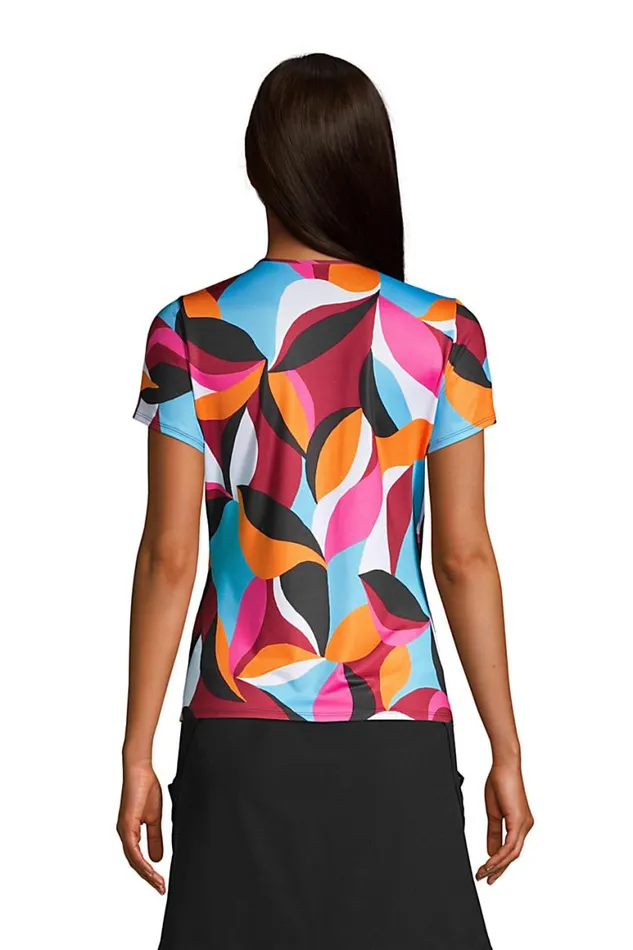 Lands039 End Swimsuits Women Upf 50 Sun Protection Vneck Surplice Wrap Swim Tee Rash Guard Black Fun Leaf Print