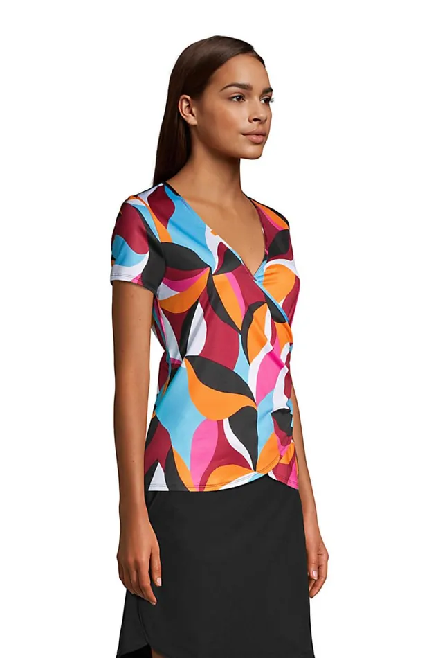 Lands039 End Swimsuits Women Upf 50 Sun Protection Vneck Surplice Wrap Swim Tee Rash Guard Black Fun Leaf Print