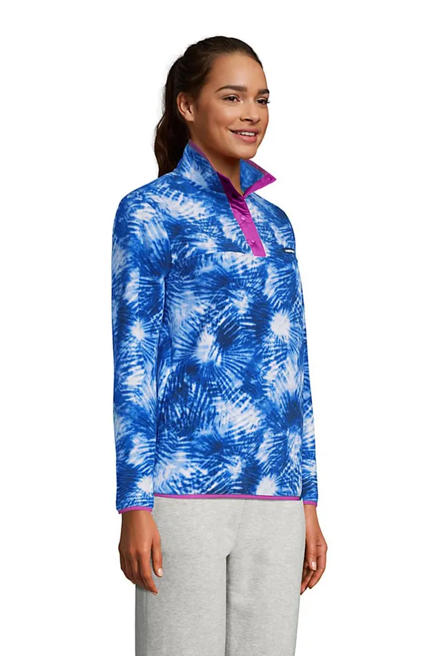 Lands039 End Tops and Tees Women Heritage Fleece Snap Neck Pullover Top Deep Sea Navy Tie Dye Palm