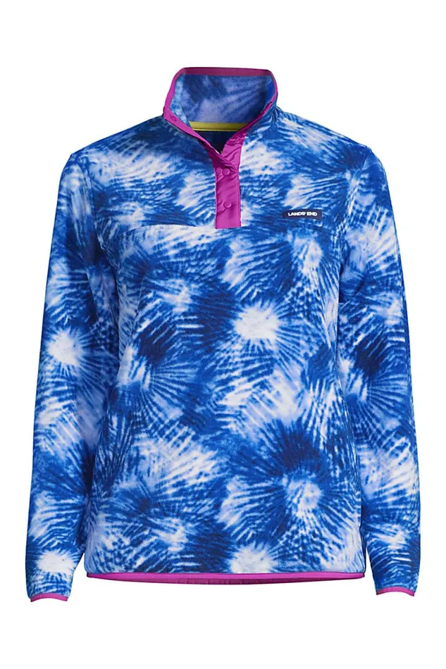 Lands039 End Tops and Tees Women Heritage Fleece Snap Neck Pullover Top Deep Sea Navy Tie Dye Palm